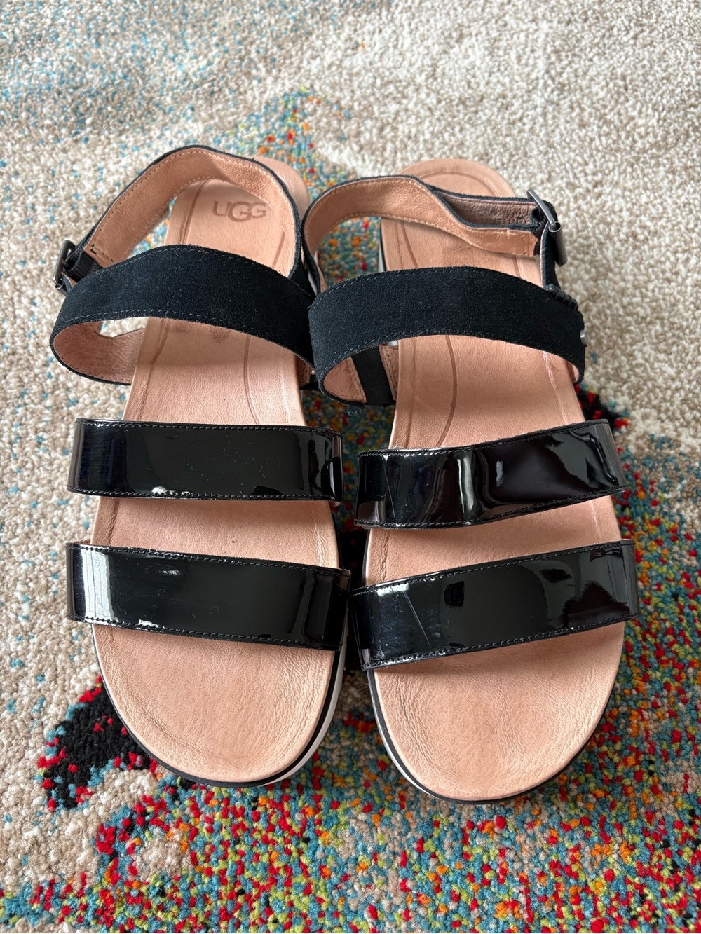 UGG Women’s Black Patent and Tan Footbed Strappy Sandals